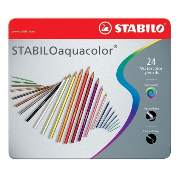 Akvarellfärgad penna - STABILO - Aquacolor - Box med 24 - Doppat huvud - Flerfärgad