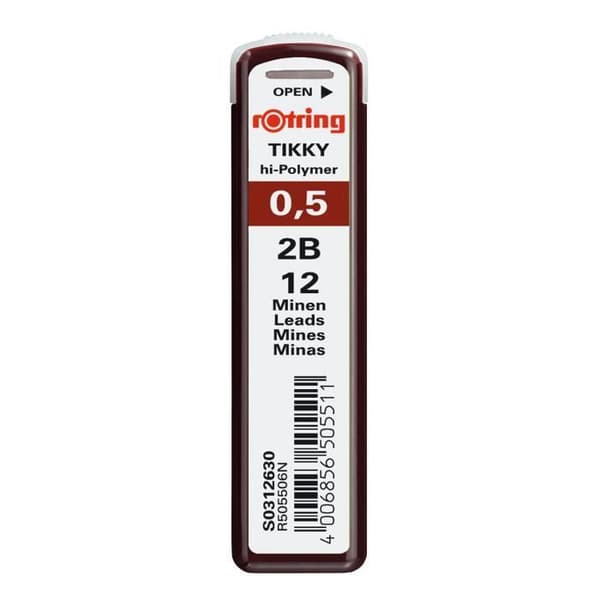 rOtring Tikky Refill ledningar för mekaniska pennor, 0,5 mm - 2B, låda med 12 ledningar
