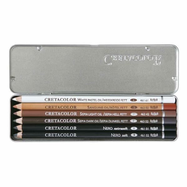 Set med 6 fettpennor för skissning - vit, sangvin, ljus sepia, mörk sepia, extra mjuk svart, mjuk