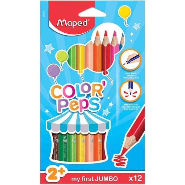 Maped - 12 Jumbo Color'Peps färgpennor för barn FSC-certifierade - Första färgpennor för baby +2 år