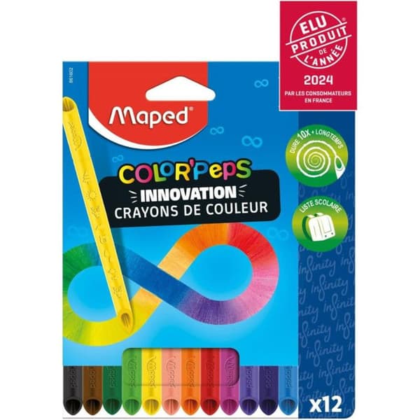 Maped - 12 Color'Peps Infinity färgpennor - Innovativa pennor 100 % bly, 100 % användbar - Ritpennor utan skärpa