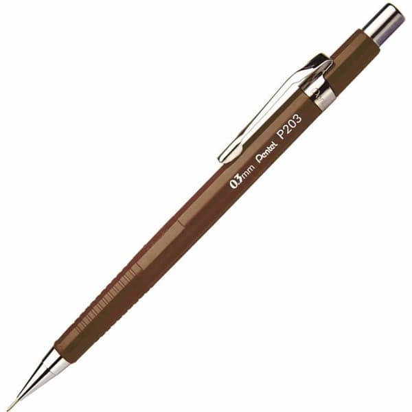 Grafitpenna - Pentel bly - P203-E - P 203 Set med 12 Mekaniska pennor 0,3 mm med fast pipa 4 mm Brun