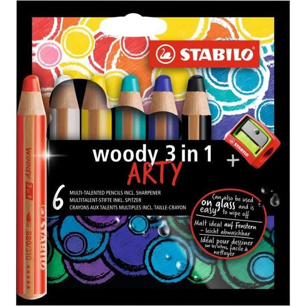 Kartong x 6 STABILO woody 3in1 ARTY multitalent pennor + 1 slipare