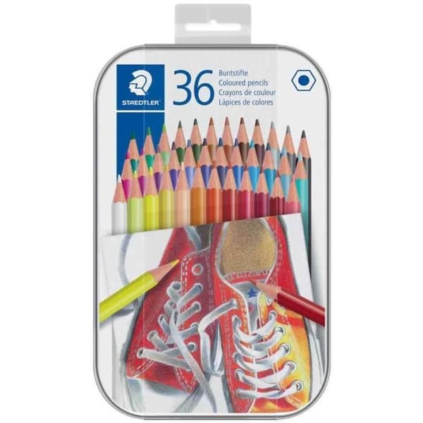 Färgpennor - STAEDTLER - Metallfodral med 36 - Blandade färger - Motståndskraftig spets - 3,0 mm