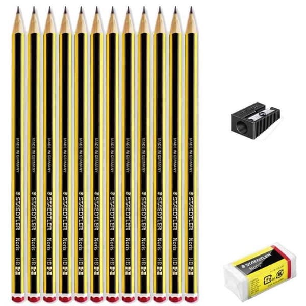 Kritpennor grafit - STAEDTLER - Noris - Paket med 12 - Vässare inkluderad - Noris suddgummi