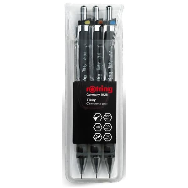 rOtring Tikky, set med 3 mekaniska pennor Svart, HB 0,35/0,5/0,7 mm, transparent fodral