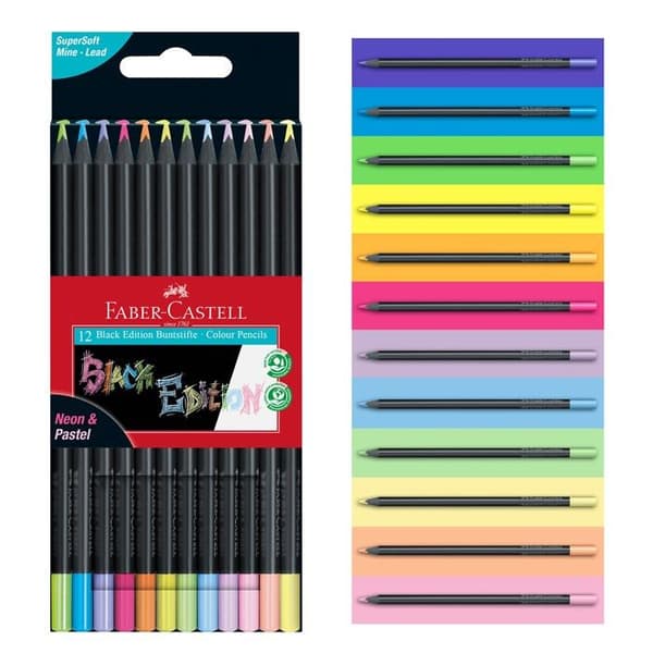 Färgpennor - Faber-Castell - Black Edition - 12 delar - Pastell och neon - Ergonomisk