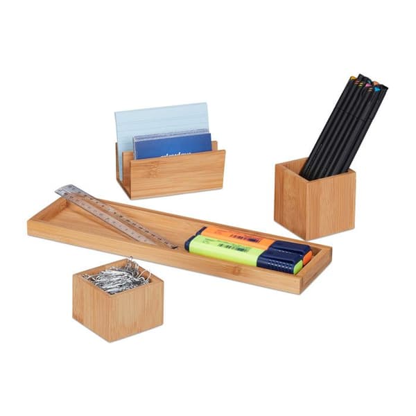 Relaxdays Desk Organizer, bordsförvaring i set om 4, penna, brevhållare, korthållare, bambu, natur
