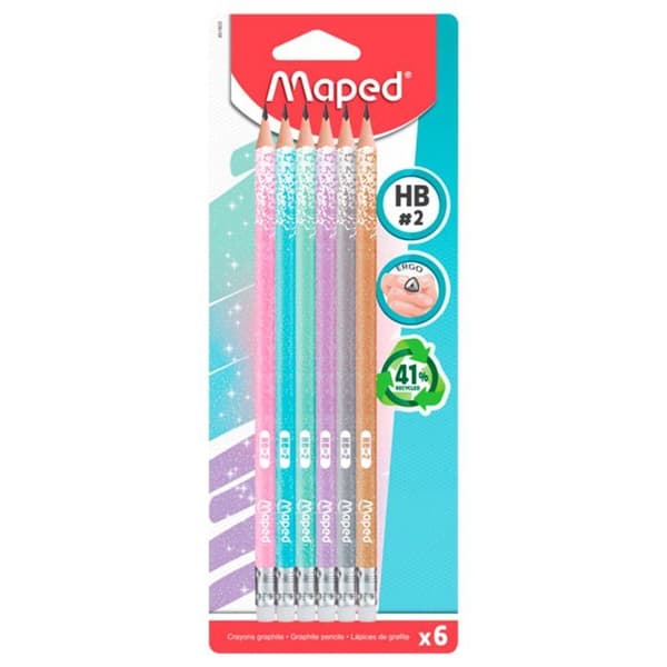 6 HB papperkritor med gummitopp MAPED Glitter Deco Pastel