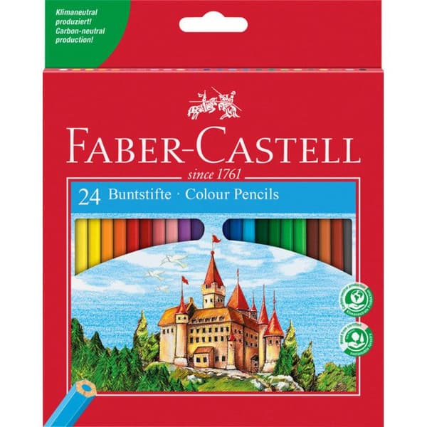 Pennor - Faber-Castell - 24 färger - 100 % naturligt trä - Mycket resistent bly - Gratis pennvässare