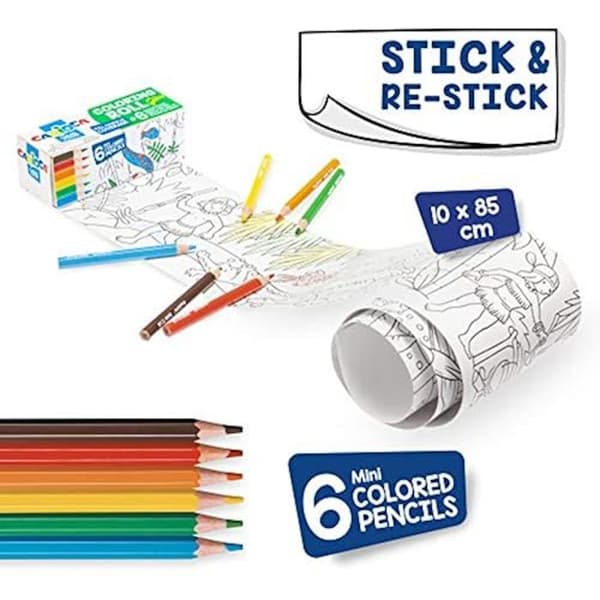 Carioca Färgläggningsrulle Mini + 6 kritor ABC, set med färgpennor och färgläggningspapper, för teckning och