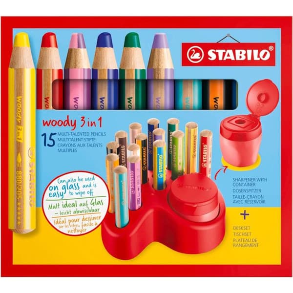 Multitalangerade kritor - STABILO - Woody 3in1 - 15 kritor - Inkluderar pennvässare - Förvaringskorg