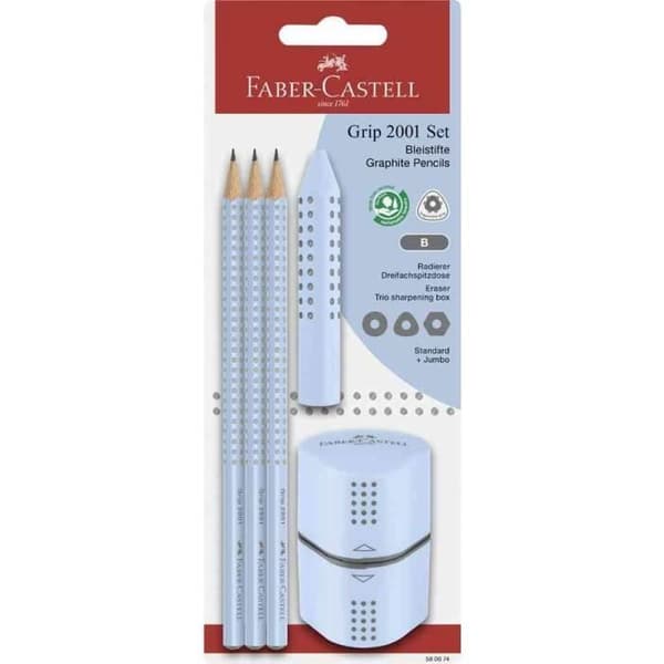 Kit färgpennor - FABER-CASTELL - GRIP 2001 - Ljusblå - 3 pennor - Suddgummi och vässare