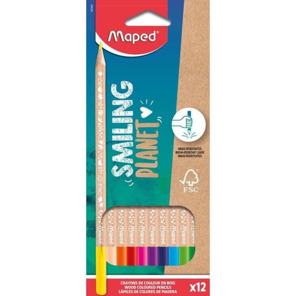 Maped - FSC Certified Smiling Planet Natural Wood Färgpennor - Ritpennor för barn - Färgpenna
