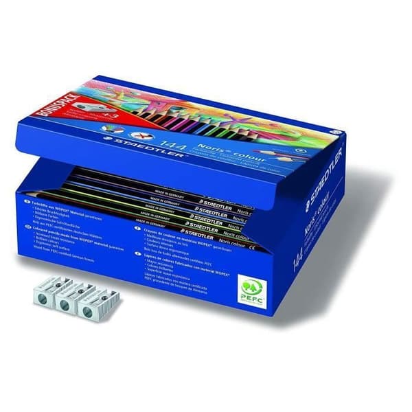 Noris® färg 185 - Classpack kartong 144 WOPEX® assorterade färgpennor + 3 vässare 510 10 gratis