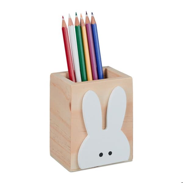 Relaxdays Kaninpenna, trä, HxBxD: 10 x 8 x 6 cm, pennhållare för kontoret, penslar, natur - vit