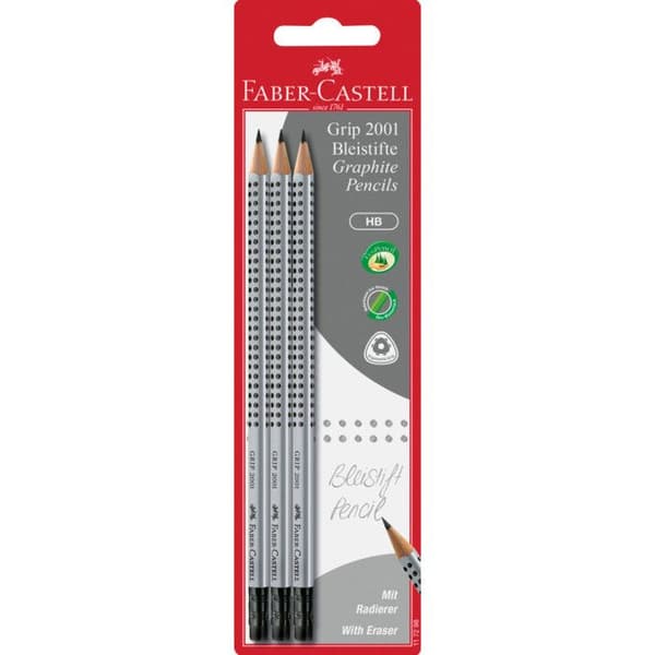 Färgpennor - Faber-Castell - GRIP 2001 - Set med 3 - HB - Inbyggt suddgummi