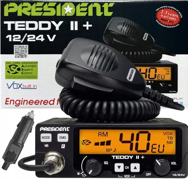 CB-radio PRESIDENT Teddy II+ (sendereffekt - 4W, strømforsyningsspænding - 12/24V, kanalantal - 40, støjreducer - ja, 125x125x45 mm)
