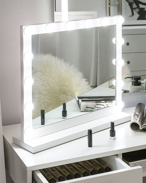 Sminkespejl med LED Hvidmetal 50 x 60 cm Rektangulært Hollywood Illuminerede Pære Toiletbord