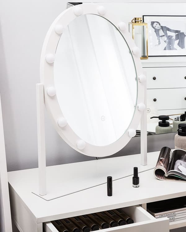Makeup spejl med LED Hvid Jern 50 x 60 cm Sminkespejl med Lys Oval Hollywood Inspireret Pære med Touch Funktion Bordspejl Pigeværelse