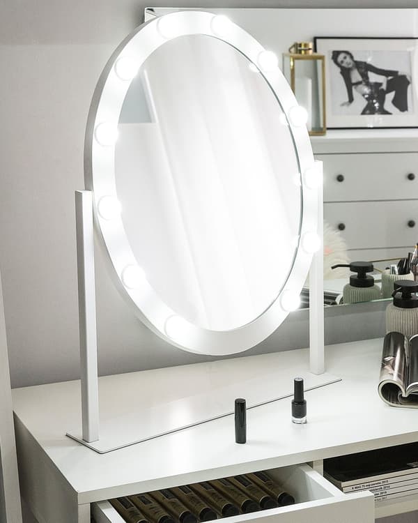 Meikkipeili valkoinen rauta lasi 55 x 60 cm LED-valot huurteenesto kosketuskytkin jalustalla ovaali glamour tyyli