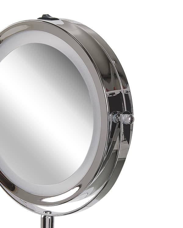Meikkipeili hopea 20 cm pyöreä LED-valoilla ja suurentavalla puolella