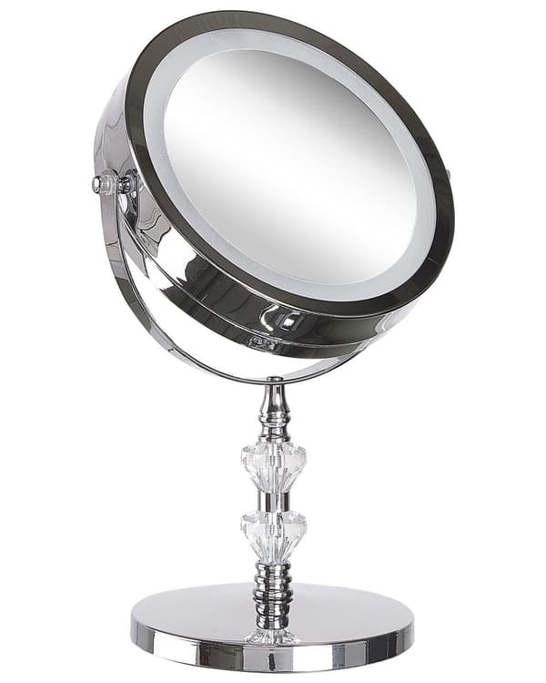 Bordspejl Sølv Blank Metal ø 20 cm Lille Make Up Spejl med Lys og Forstørrelse Tilbehør til Sminkebord Pigeværelse Indretning Kosmetikspejl