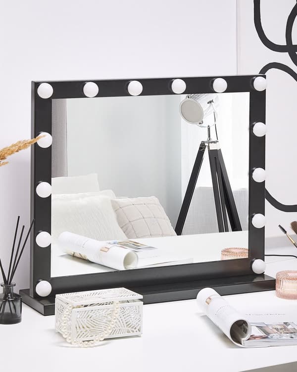 Meikkipeili musta rauta lasi 60 x 50 cm LED-valoilla koukuilla ripustettava suorakulmainen glamour tyyli