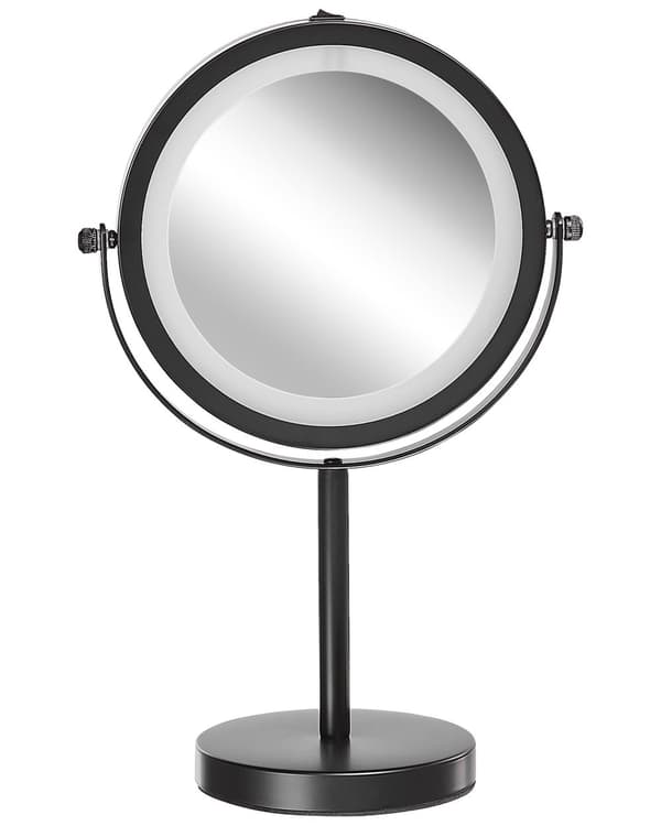 Makeup Spejl Sort Jern Metal Stel ø 13 cm med LED Lys 1x/5x Forstørrelse Dobbeltsidet Kosmetisk Skrivebord