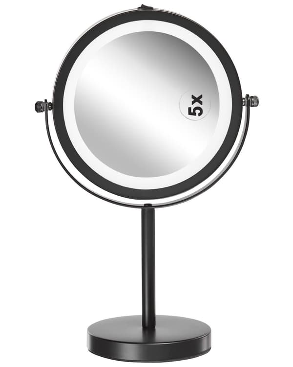 Makeup Spejl Sort Jern Metal Stel ø 13 cm med LED Lys 1x/5x Forstørrelse Dobbeltsidet Kosmetisk Skrivebord