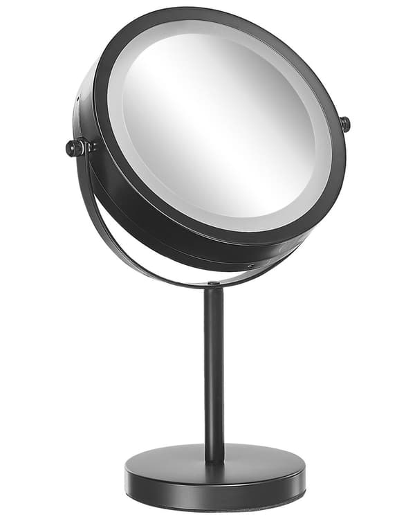 Makeup Spejl Sort Jern Metal Stel ø 13 cm med LED Lys 1x/5x Forstørrelse Dobbeltsidet Kosmetisk Skrivebord