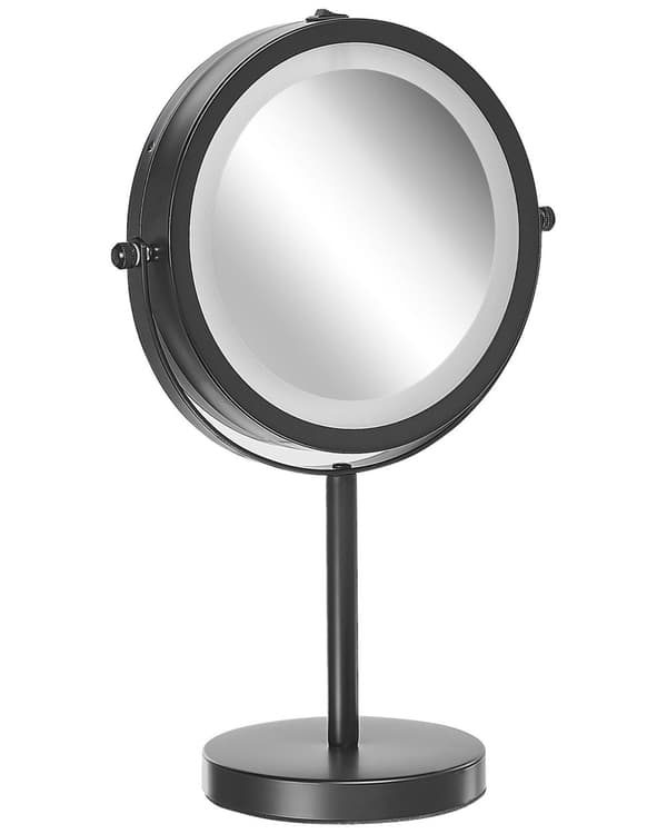 Makeup Spejl Sort Jern Metal Stel ø 13 cm med LED Lys 1x/5x Forstørrelse Dobbeltsidet Kosmetisk Skrivebord