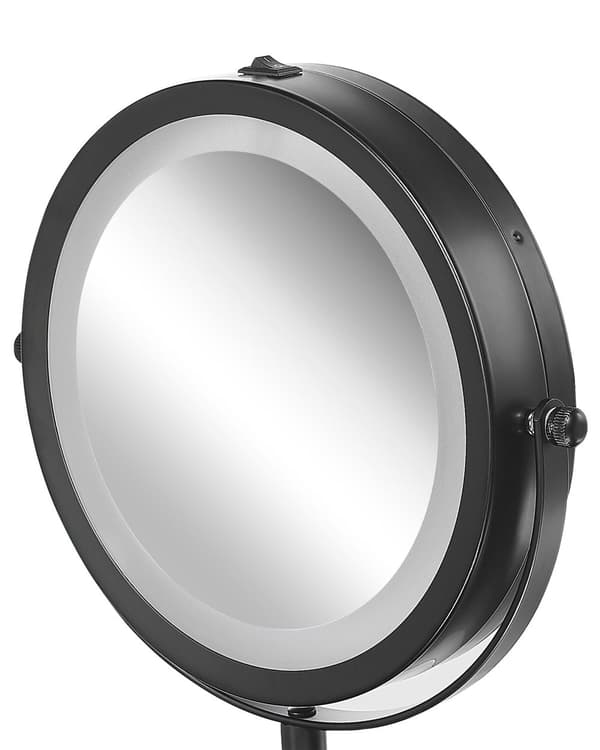 Makeup Spejl Sort Jern Metal Stel ø 13 cm med LED Lys 1x/5x Forstørrelse Dobbeltsidet Kosmetisk Skrivebord