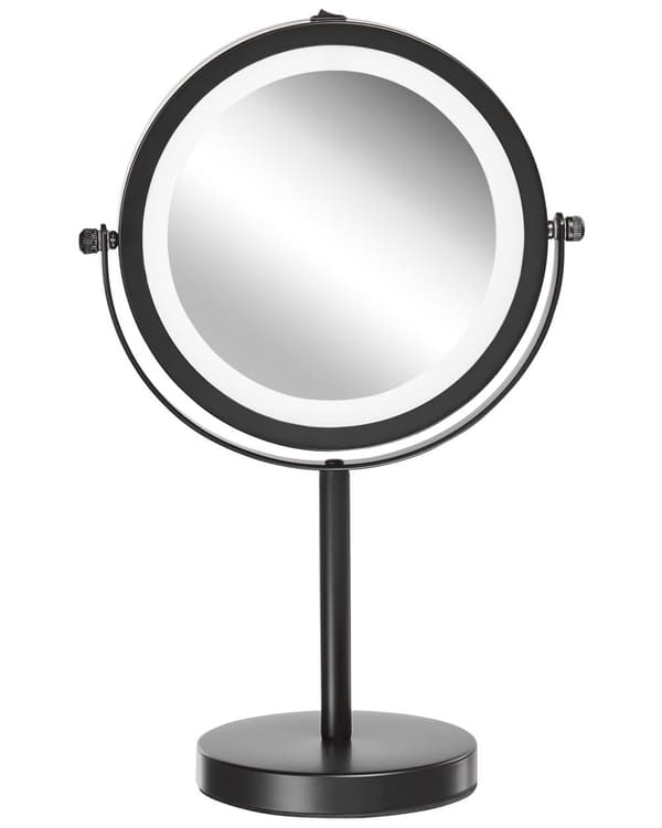 Makeup Spejl Sort Jern Metal Stel ø 13 cm med LED Lys 1x/5x Forstørrelse Dobbeltsidet Kosmetisk Skrivebord