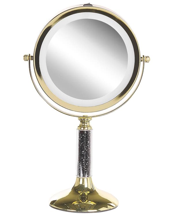 Makeup Spejl Guld Jern Metal Stel ø 13 cm med LED Lys 1x/5x Forstørrelse Dobbeltsidet Kosmetisk Skrivebord