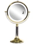 Miniatyrbillede 6 af 10: Makeup Spejl Guld Jern Metal Stel ø 13 cm med LED Lys 1x/5x Forstørrelse Dobbeltsidet Kosmetisk Skrivebord