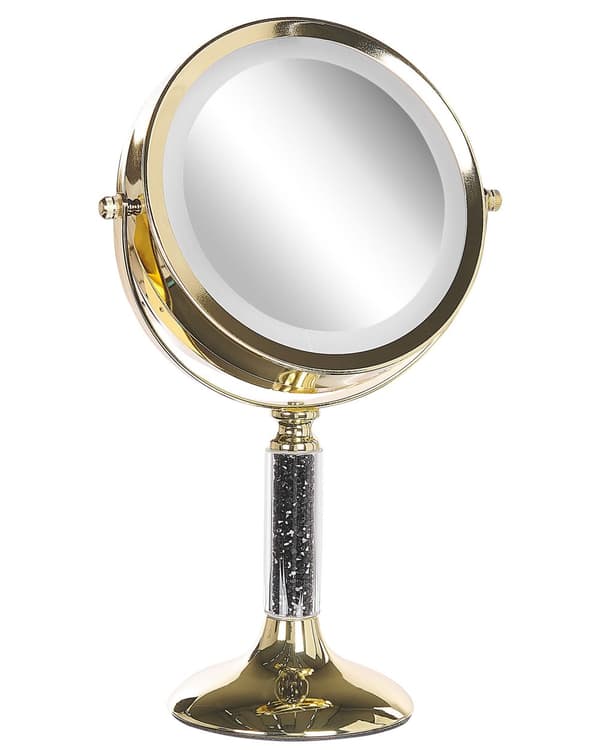 Makeup Spejl Guld Jern Metal Stel ø 13 cm med LED Lys 1x/5x Forstørrelse Dobbeltsidet Kosmetisk Skrivebord