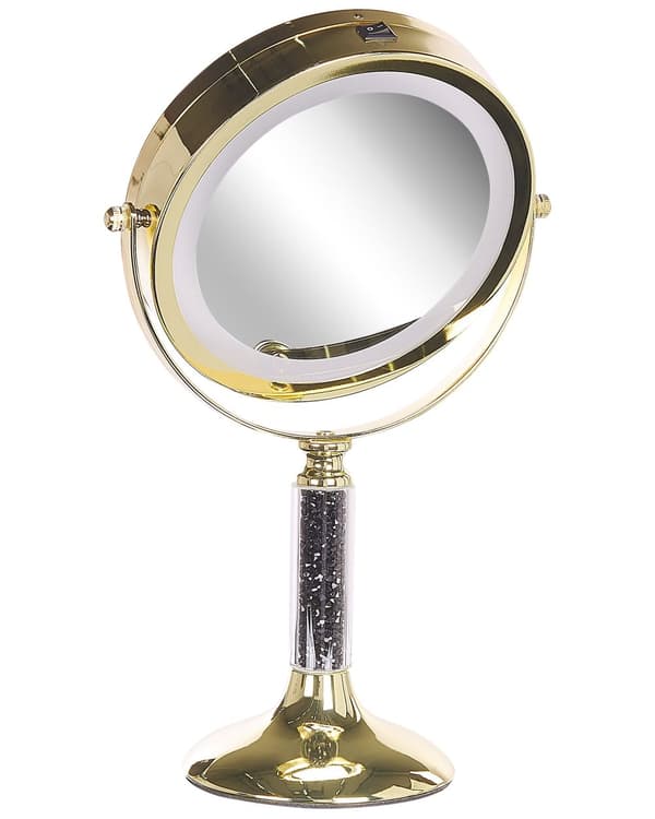 Makeup Spejl Guld Jern Metal Stel ø 13 cm med LED Lys 1x/5x Forstørrelse Dobbeltsidet Kosmetisk Skrivebord