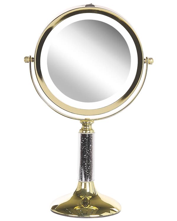Makeup Spejl Guld Jern Metal Stel ø 13 cm med LED Lys 1x/5x Forstørrelse Dobbeltsidet Kosmetisk Skrivebord