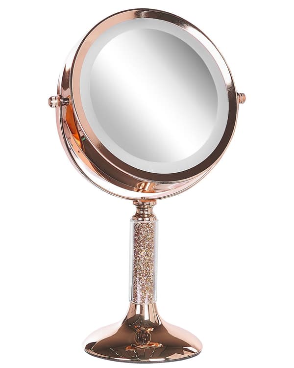 Makeup Spejl Rose Guld Jern Metal Stel ø 13 cm med LED Lys 1x/5x Forstørrelse Dobbeltsidet Kosmetisk Skrivebord