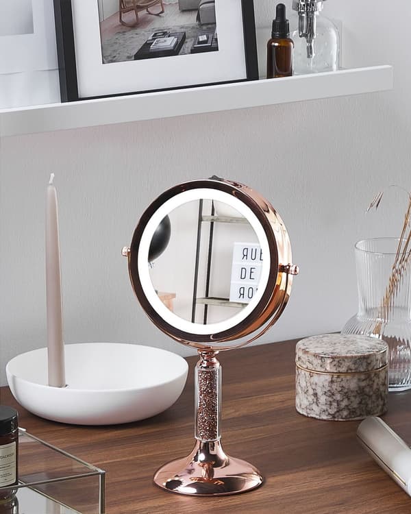 Makeup Spejl Rose Guld Jern Metal Stel ø 13 cm med LED Lys 1x/5x Forstørrelse Dobbeltsidet Kosmetisk Skrivebord