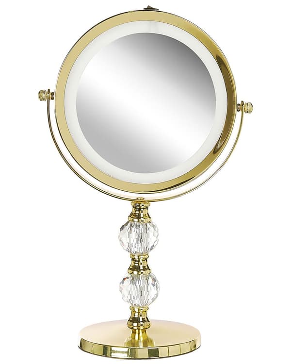 Makeup Spejl Guld Metal Stel ø 13 cm med LED Lys 1x/5x Forstørrelse Dobbeltsidet Kosmetisk Skrivebord