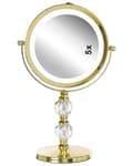 Miniatyrbillede 5 af 9: Makeup Spejl Guld Metal Stel ø 13 cm med LED Lys 1x/5x Forstørrelse Dobbeltsidet Kosmetisk Skrivebord