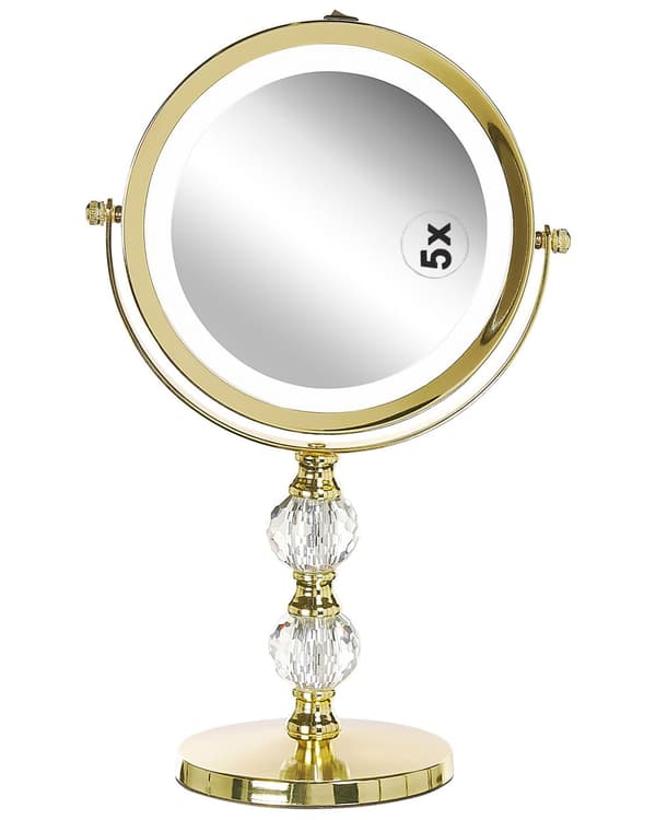 Makeup Spejl Guld Metal Stel ø 13 cm med LED Lys 1x/5x Forstørrelse Dobbeltsidet Kosmetisk Skrivebord