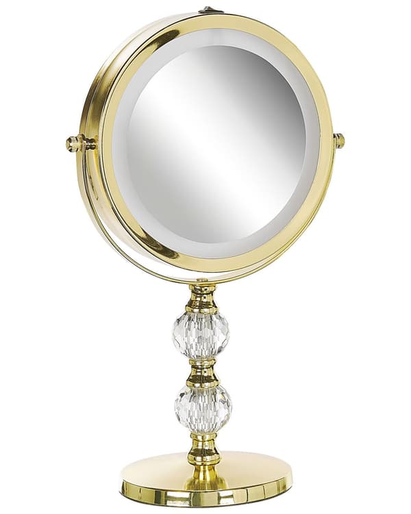 Makeup Spejl Guld Metal Stel ø 13 cm med LED Lys 1x/5x Forstørrelse Dobbeltsidet Kosmetisk Skrivebord