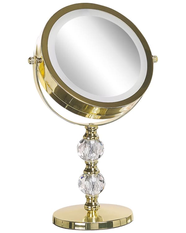 Makeup Spejl Guld Metal Stel ø 13 cm med LED Lys 1x/5x Forstørrelse Dobbeltsidet Kosmetisk Skrivebord