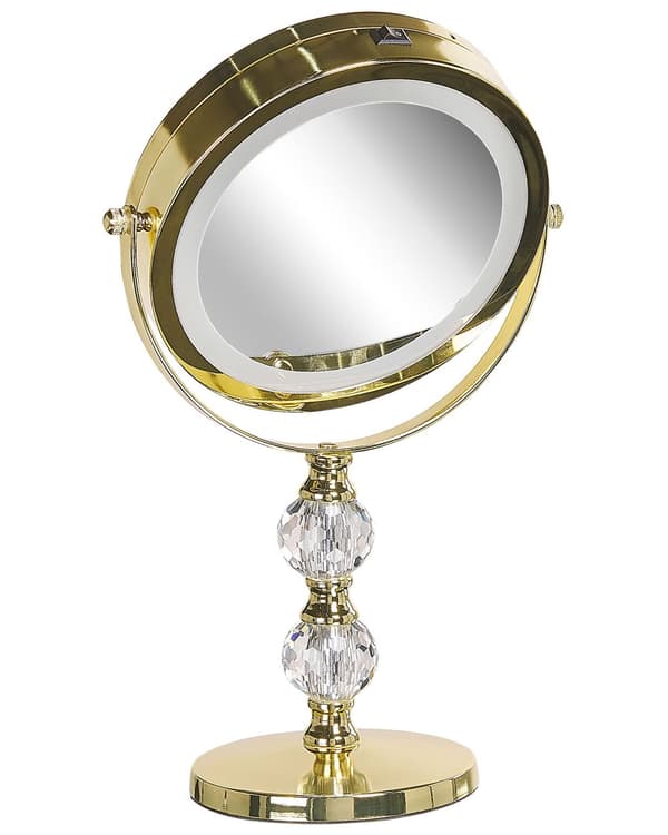 Makeup Spejl Guld Metal Stel ø 13 cm med LED Lys 1x/5x Forstørrelse Dobbeltsidet Kosmetisk Skrivebord
