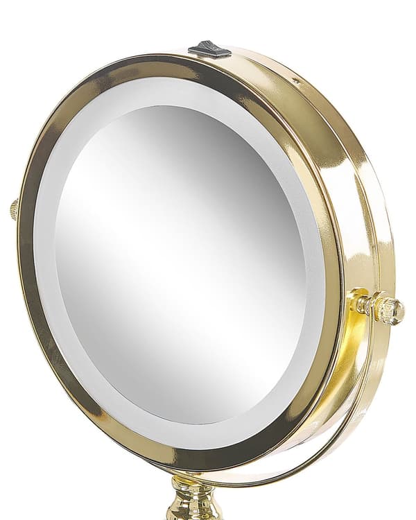 Makeup Spejl Guld Metal Stel ø 13 cm med LED Lys 1x/5x Forstørrelse Dobbeltsidet Kosmetisk Skrivebord
