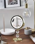 Miniatyrbillede 2 af 9: Makeup Spejl Guld Metal Stel ø 13 cm med LED Lys 1x/5x Forstørrelse Dobbeltsidet Kosmetisk Skrivebord