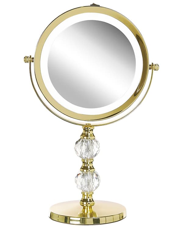 Makeup Spejl Guld Metal Stel ø 13 cm med LED Lys 1x/5x Forstørrelse Dobbeltsidet Kosmetisk Skrivebord